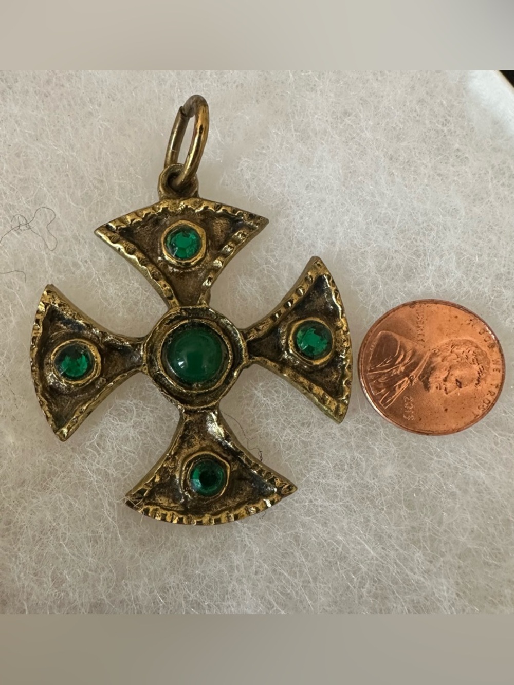 Vintage Gold/Brass Toned Celestial Cross with Green Stones - Picture 3 of 3